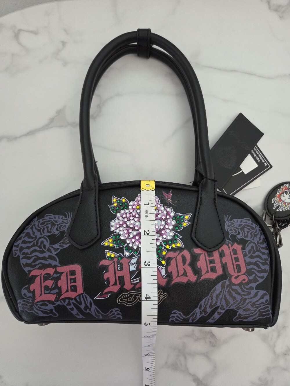 Ed Hardy Tiger Rose Tattoo Black Vegan Leather Barrel Bag NWT Charms Edgy - Picture 16 of 16